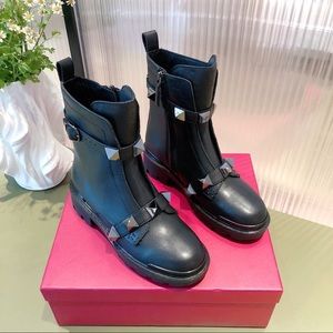 Valentino Black Roman Stud Leather Combat Boot Size 37